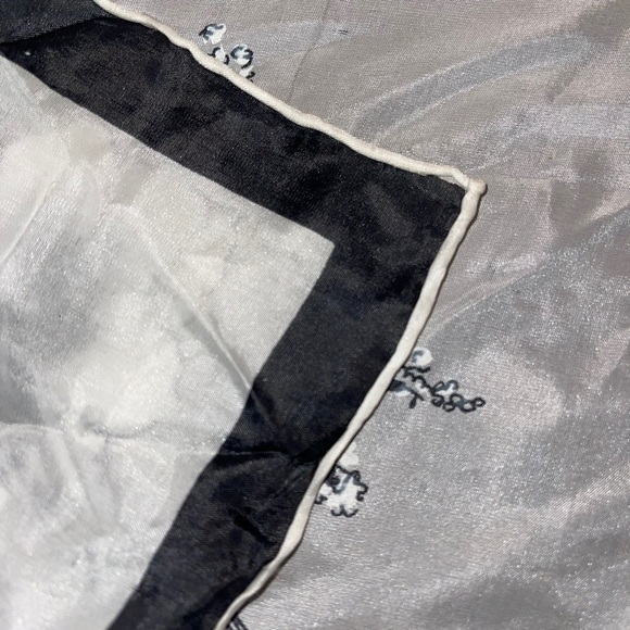 Vintage Hand Rolled Silk And Rayon Scarf Made In Japan Black White Floral Square - Picture 2 of 4